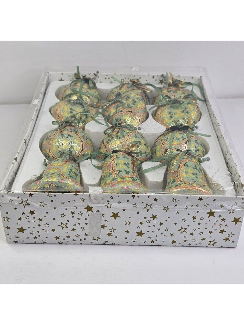 Christmas Ornament Set Paper Mache Bell, Round, And Hearts 12pcs Gold Green Etc - Picture 9 of 9
